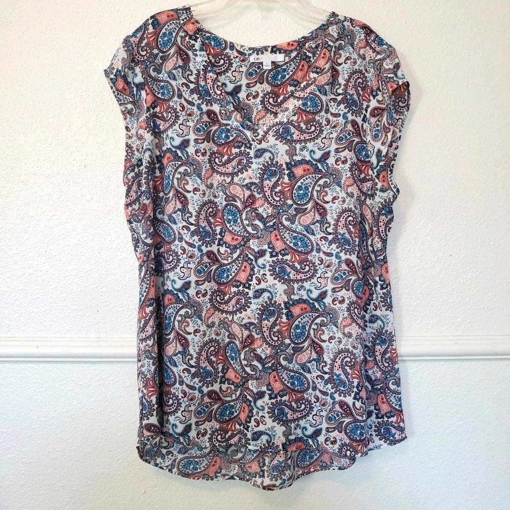 DR2 Daniel Rainn Womens Large Paisley V-Neck Sleeveless Blouse Blue Pink White